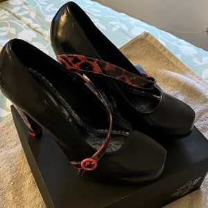 Naughty Monkey Black Heels with Red Leopard Strap